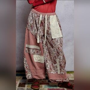 POL Paisley Patchwork Track Pants in Dusty Rose and Cream